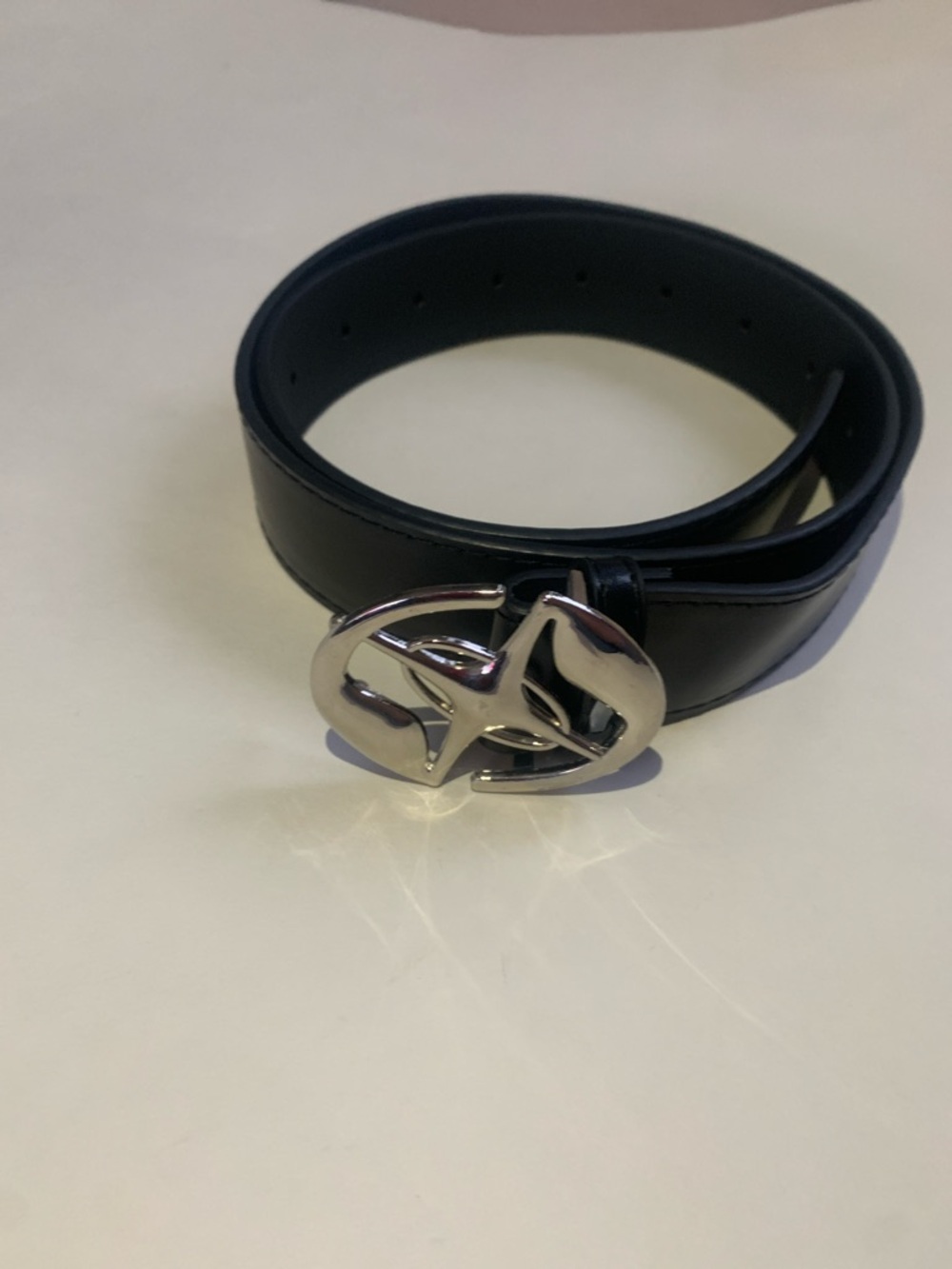 Black Leather Belt with Silver Interlocking Buckle